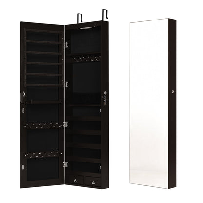 Wall and Door Mounted Mirrored Jewelry Cabinet with Lights-Black