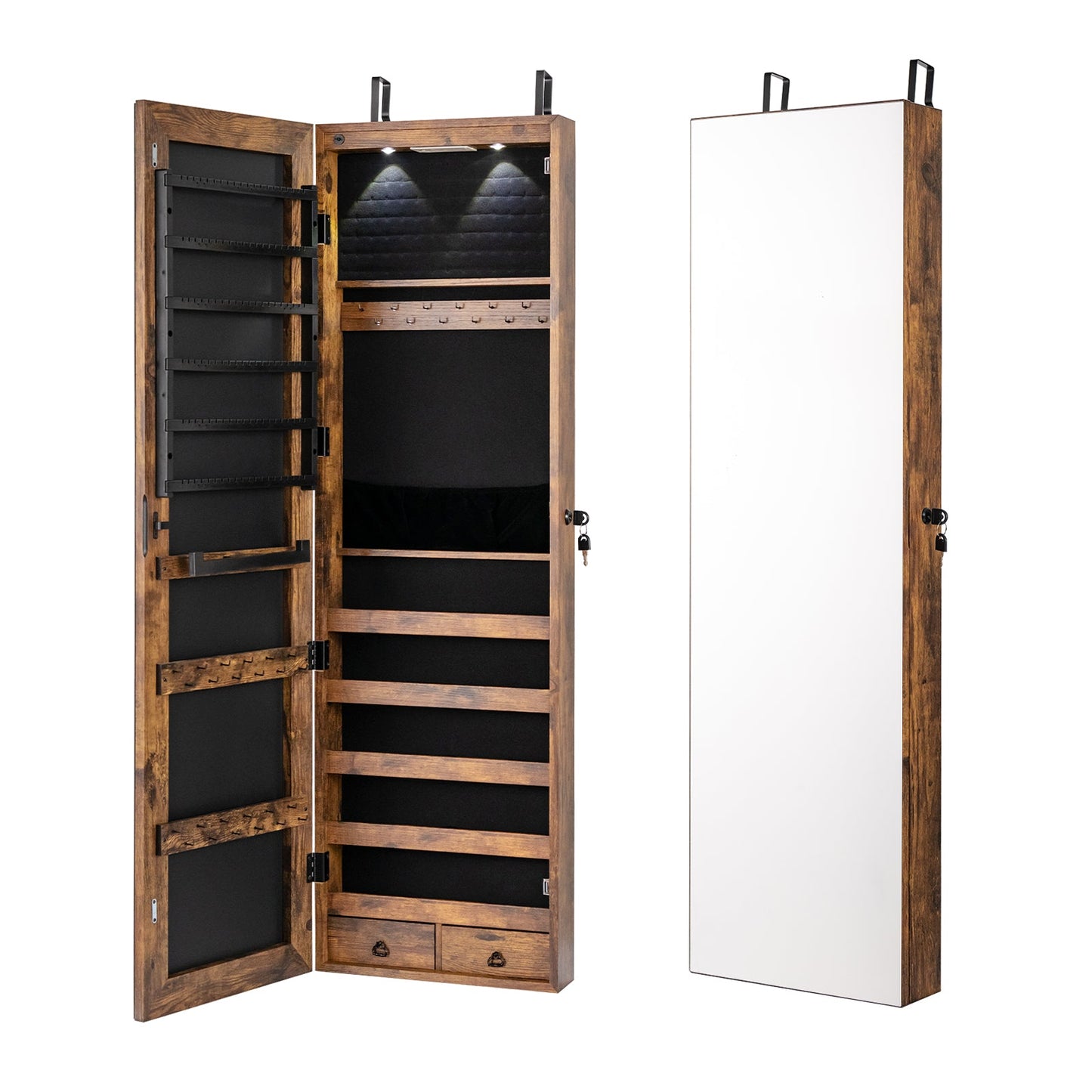 Wall and Door Mounted Mirrored Jewelry Cabinet with Lights-Black