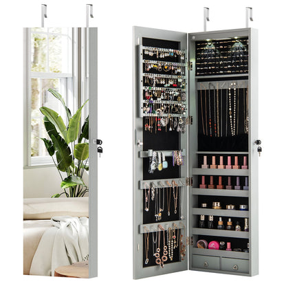 Wall and Door Mounted Mirrored Jewelry Cabinet with Lights-Black