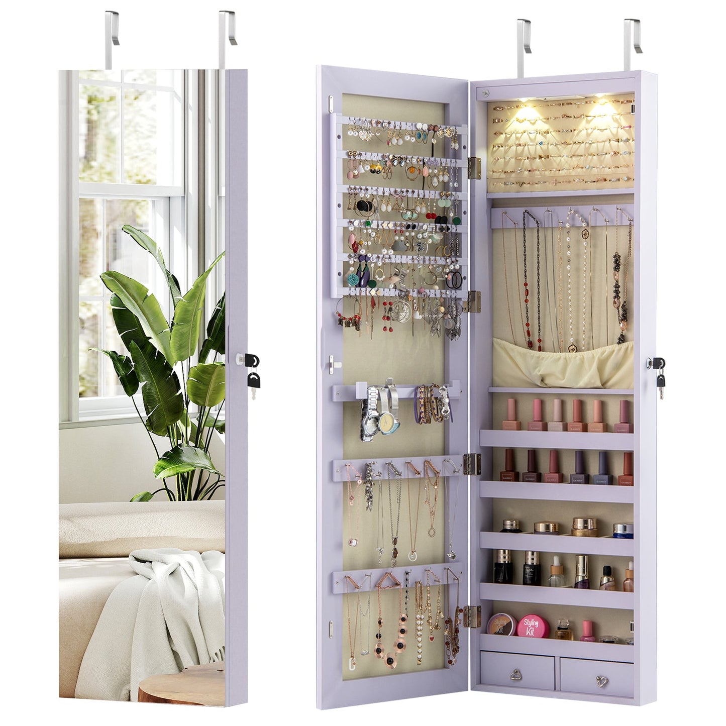 Wall and Door Mounted Mirrored Jewelry Cabinet with Lights-Black
