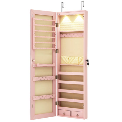 Wall and Door Mounted Mirrored Jewelry Cabinet with Lights-Black