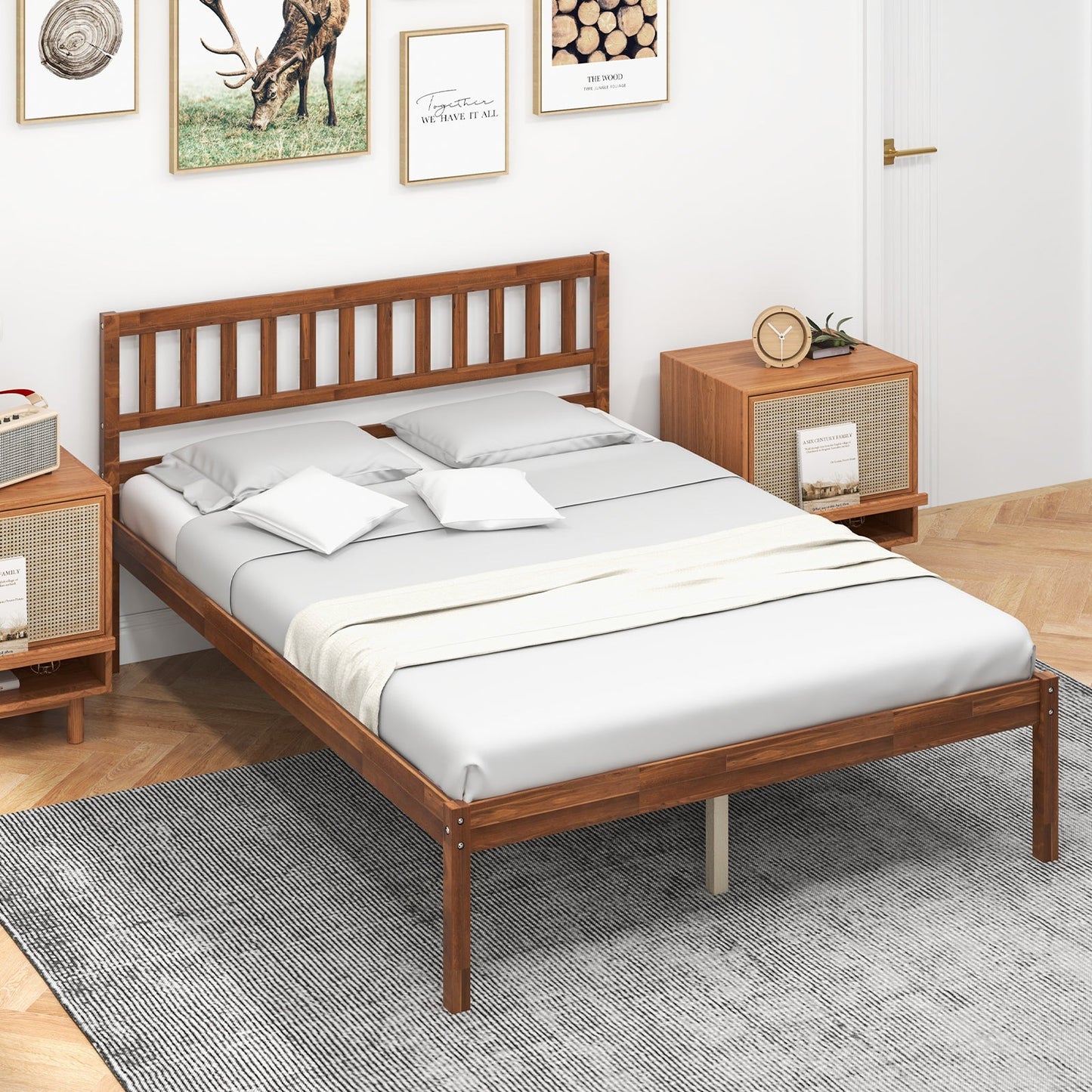 Base de cama de madera con cabecero y soporte de listones, tamaños individual/matrimonial/queen - Tamaño matrimonial