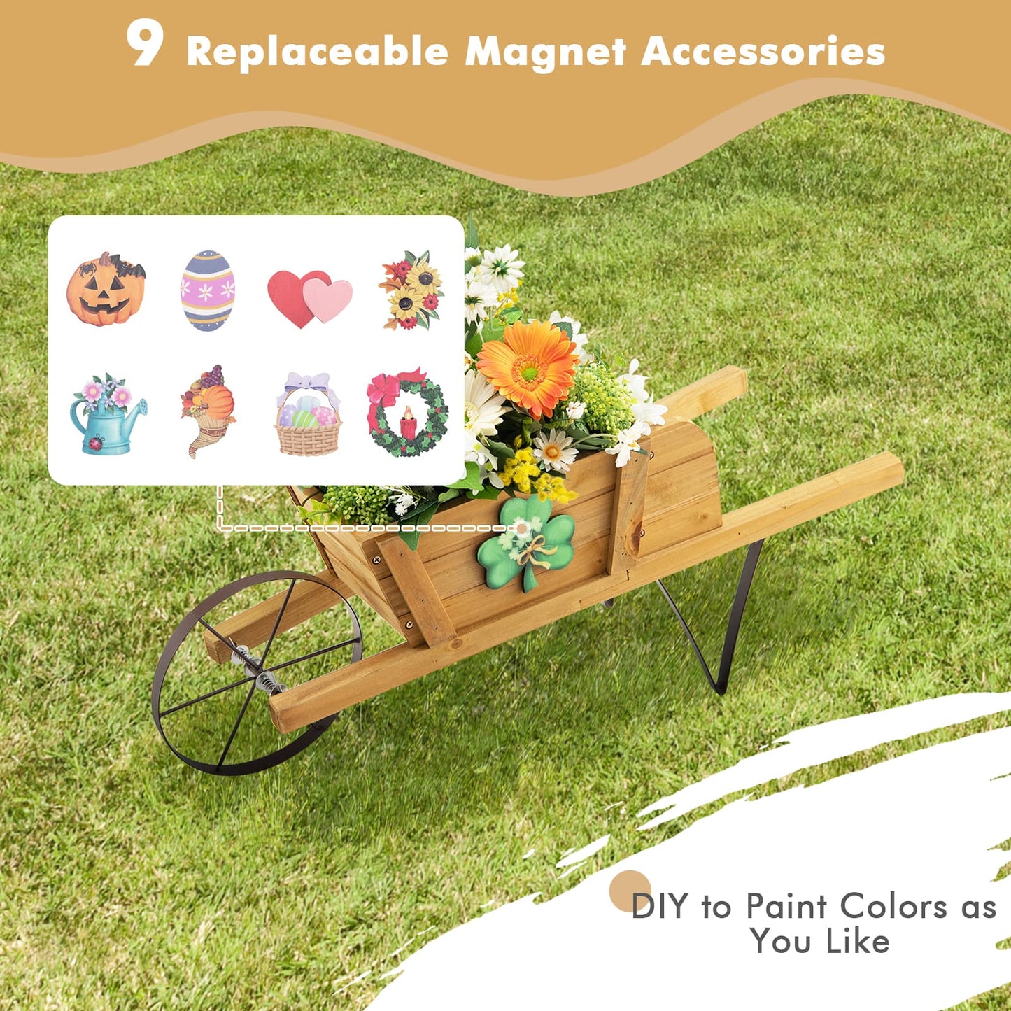 Jardinera de Carro de Madera con 9 Accesorios Magnéticos para Jardín-Azul