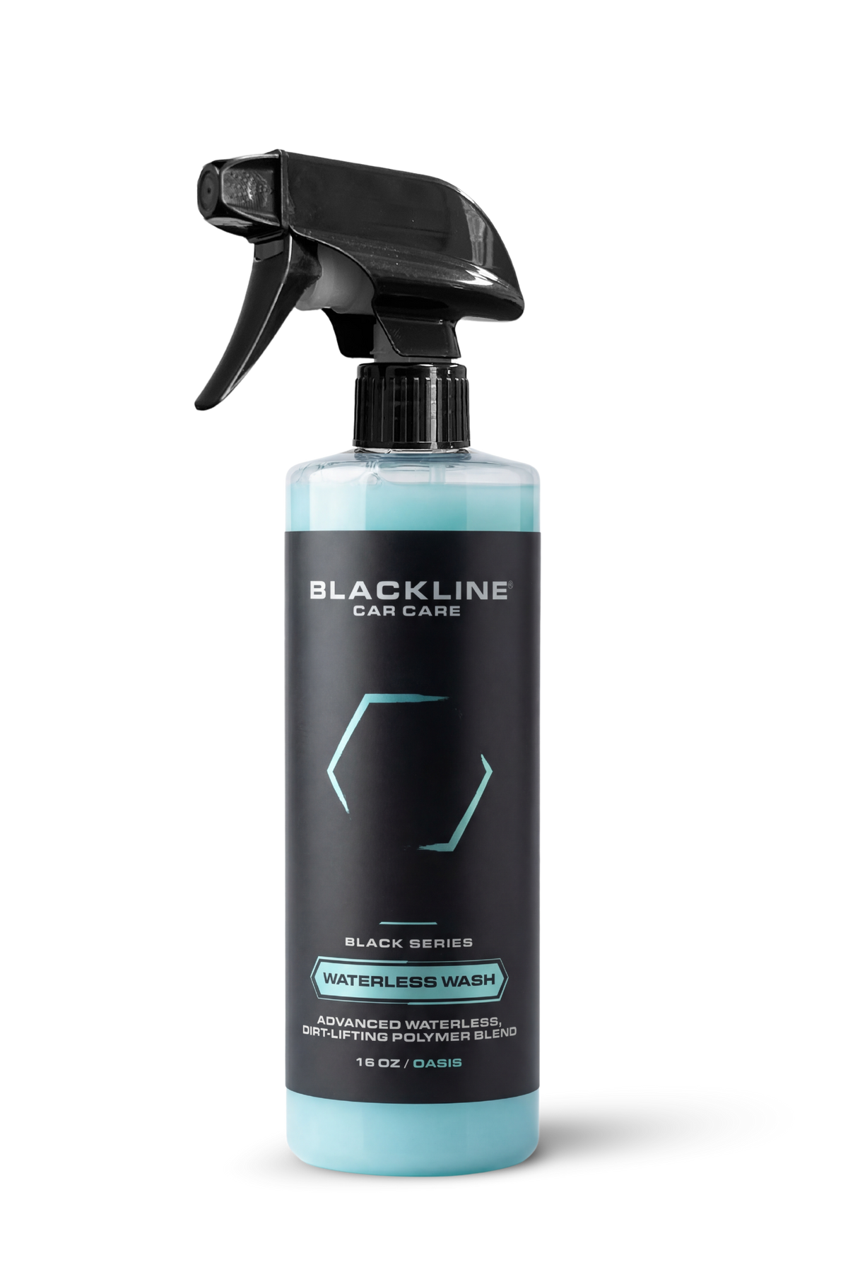 Waterless wash spray bottle by Blackline Car Care with teal liquid and black label on Tampa Home & Garden Store