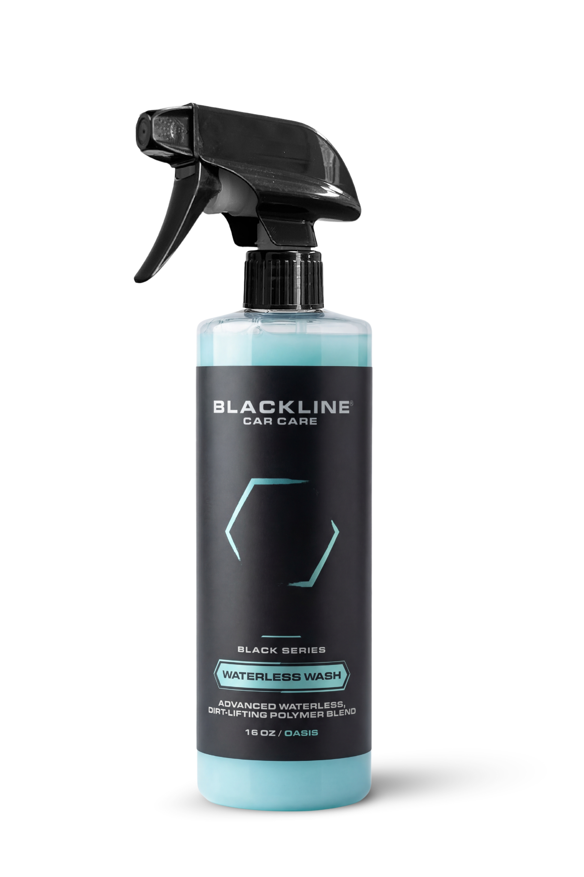Waterless wash spray bottle by Blackline Car Care with teal liquid and black label on Tampa Home & Garden Store