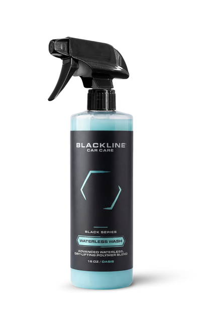Waterless wash spray bottle by Blackline Car Care with teal liquid and black label on Tampa Home & Garden Store