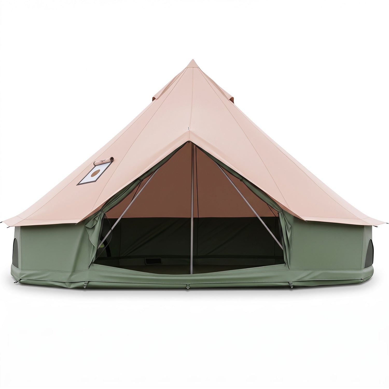 DirectDeals waterproof bell tent with stove jack and mesh windows, beige peak on green base on Tampa Home & Garden Store