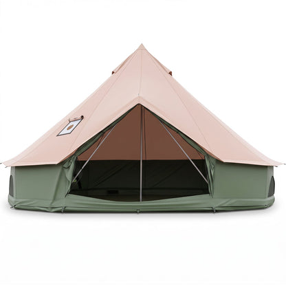 DirectDeals waterproof bell tent with stove jack and mesh windows, beige peak on green base on Tampa Home & Garden Store
