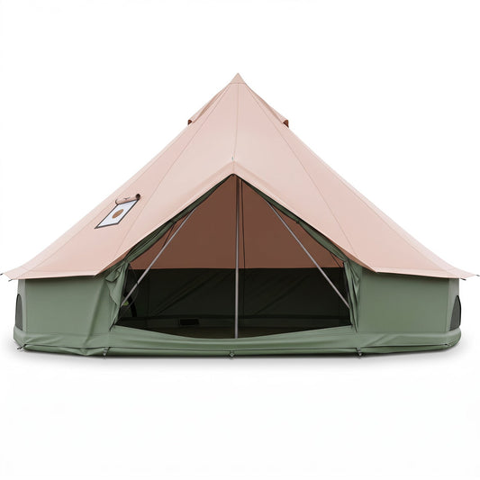 Waterproof bell tent by GemGear with stove jack and mesh windows, tan roof over green base on Tampa Home & Garden Store