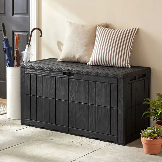 DirectDeals 100 Gallon Outdoor Deck Box with Lockable Lid, black weatherproof storage box on Tampa Home & Garden Store