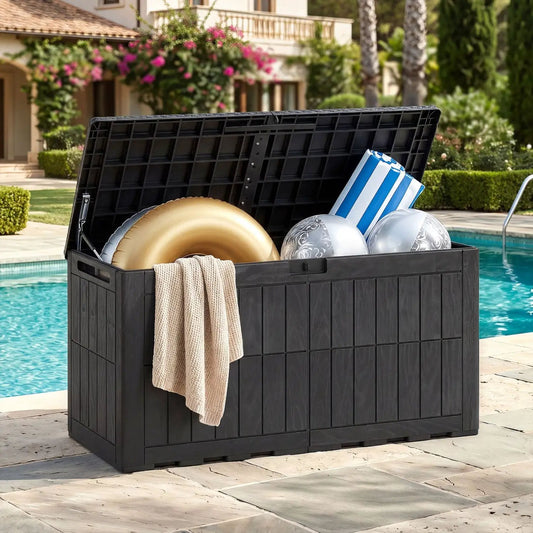 DirectDeals 100 Gallon Outdoor Deck Box with Lockable Lid, black plastic storage box pool gear on Tampa Home & Garden Store