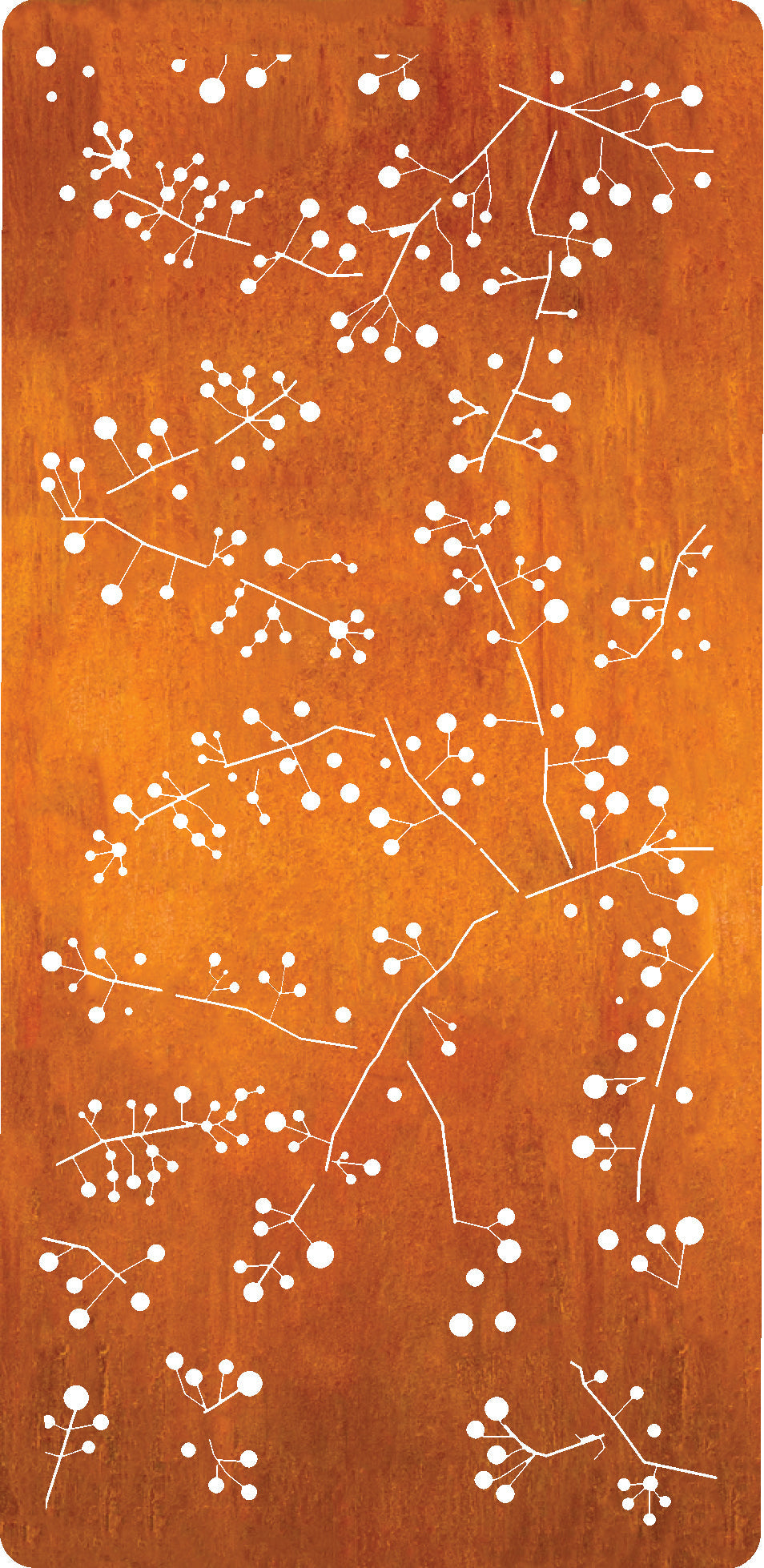 Metal wall hanging panel 46in rust orange with white botanical branches Rustica Ornamentals on Tampa Home & Garden Store