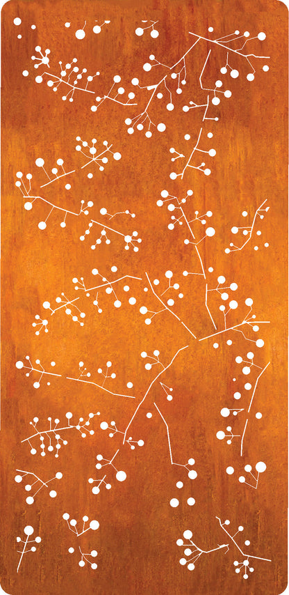 Metal wall hanging panel 46in rust orange with white botanical branches Rustica Ornamentals on Tampa Home & Garden Store