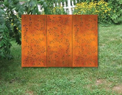 Metal privacy screens rust-orange with botanical cutouts 3-panel by Rustica Ornamentals on Tampa Home & Garden Store