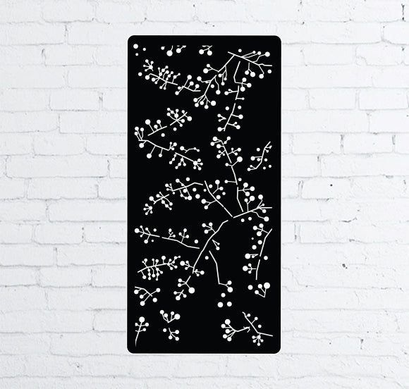 Metal privacy screen wall panel 46-inch black with white botanical motif by Rustica Ornamentals on Tampa Home & Garden Store