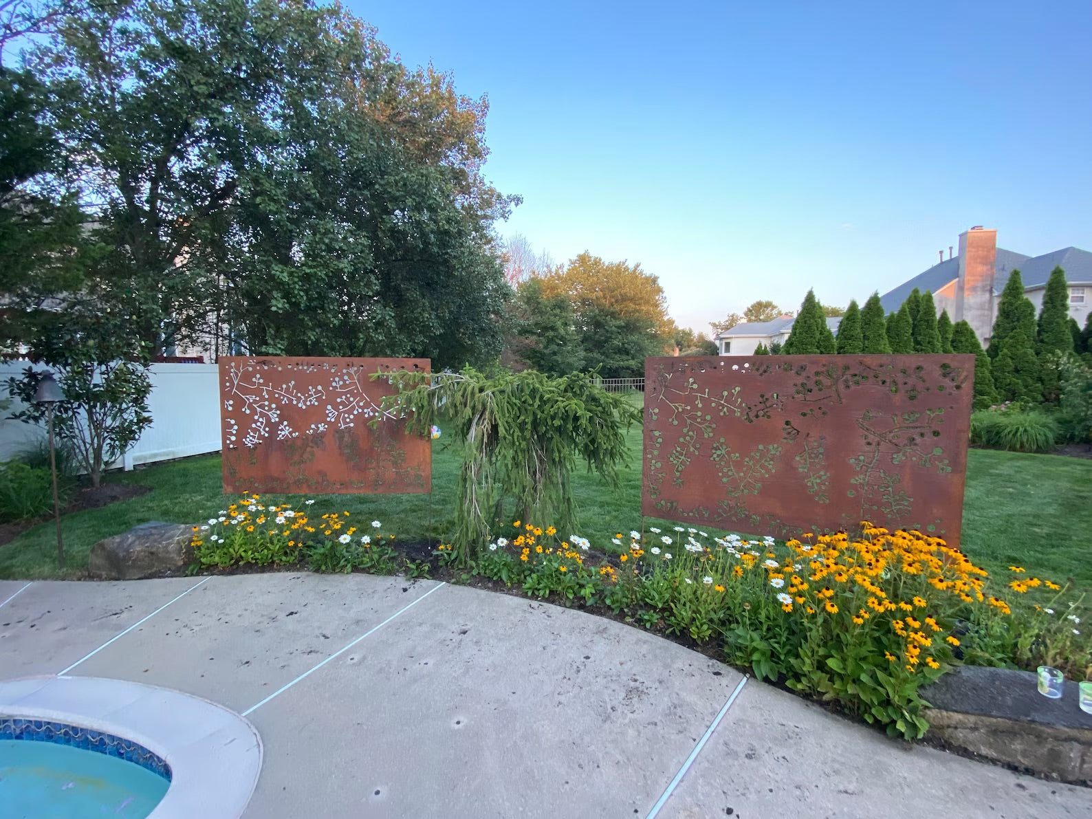 Metal privacy screens wall hanging, 46-inch set of 2 rusted panels with cutouts by Rustica on Tampa Home & Garden Store