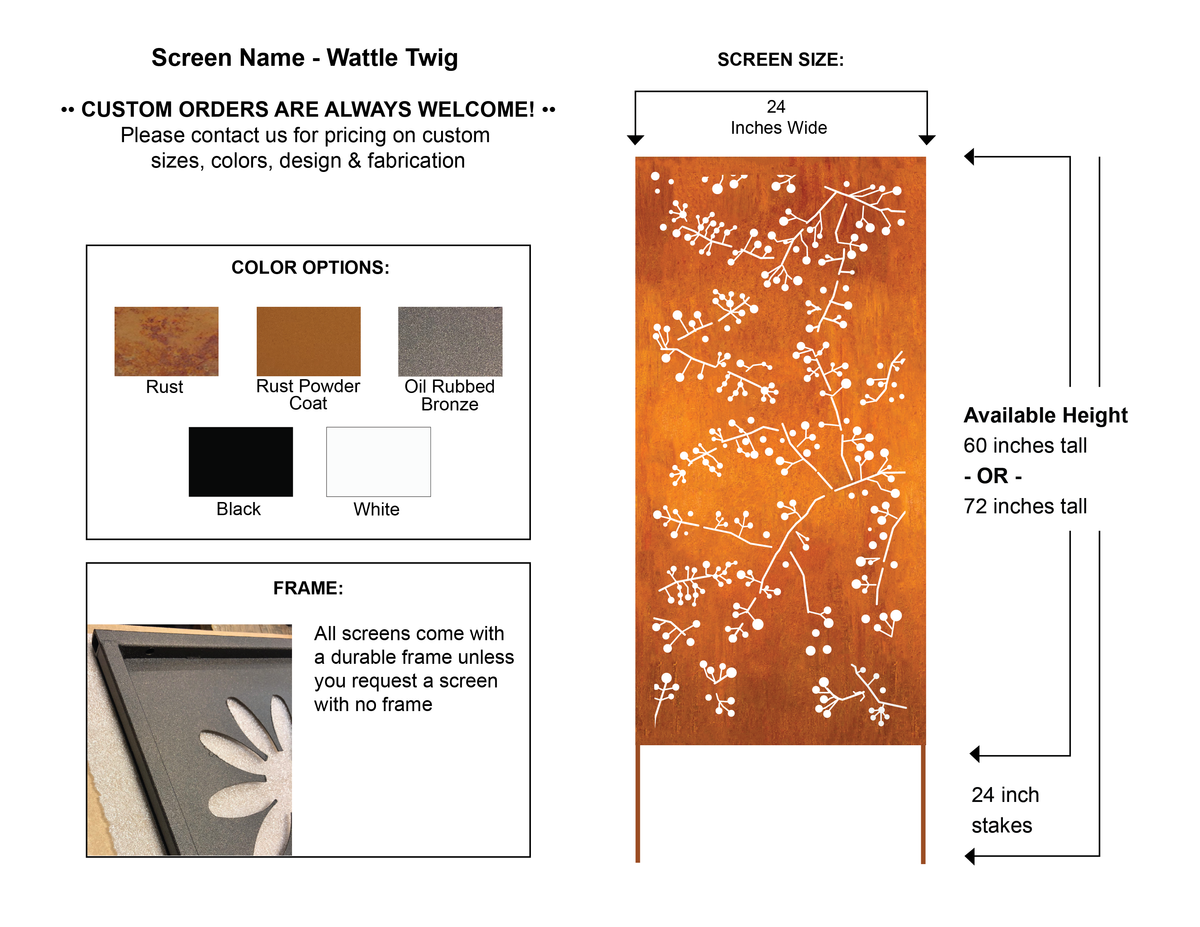 Outdoor metal privacy screen panel Wattle Twig rust finish by Rustica 60/72 in tall on Tampa Home & Garden Store