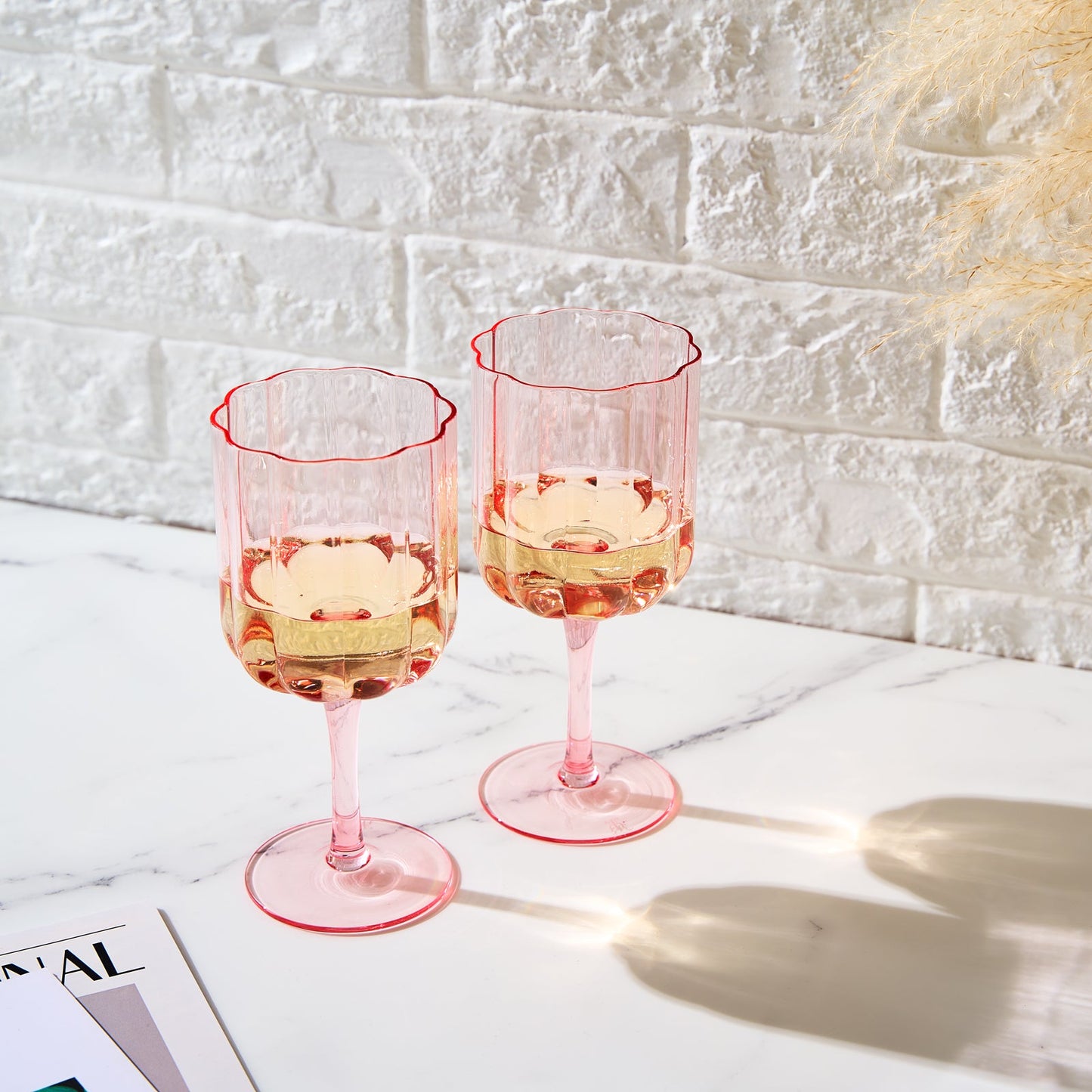 Set of Two Pink Flower Wave Stemmed Wine Glasses