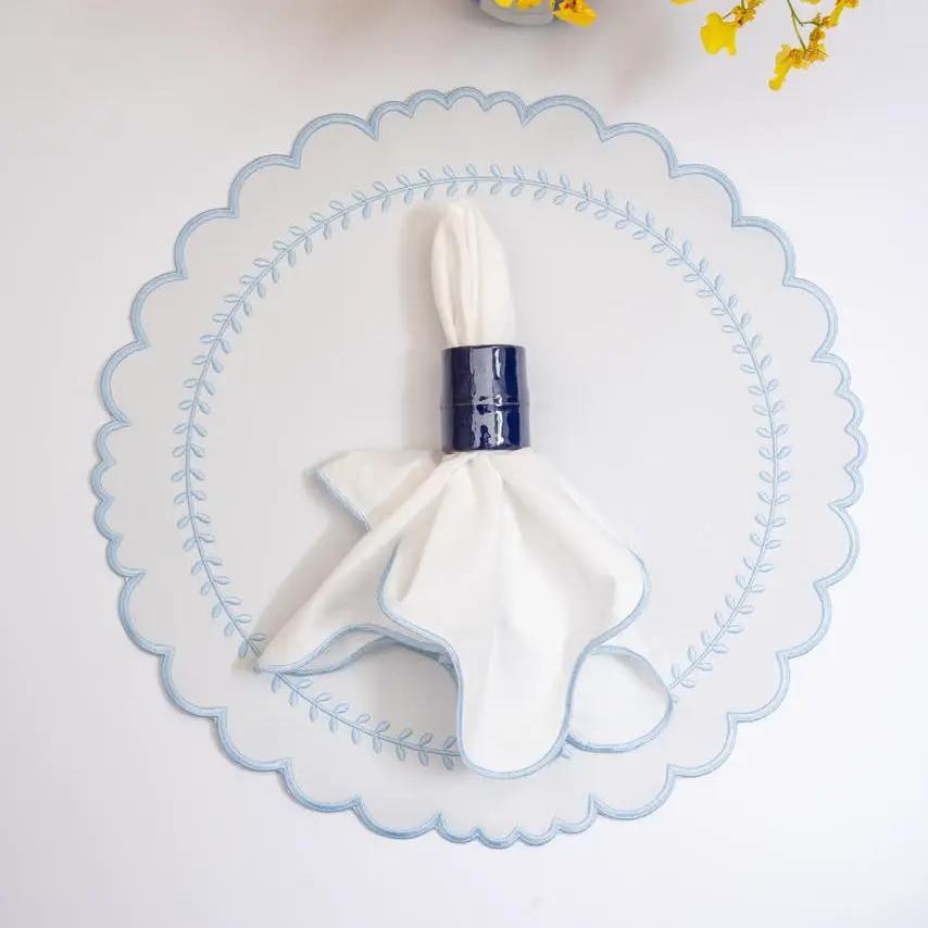 Wave Napkin with Coastal Wave Trim White, white cloth napkin with blue trim, Talah Home on Tampa Home & Garden Store