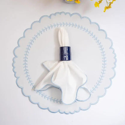 Wave Napkin with Coastal Wave Trim White, white cloth napkin with blue trim, Talah Home on Tampa Home & Garden Store