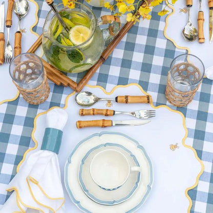 Wave Napkin with Coastal Wave Trim White, white cloth napkins with yellow trim on blue check on Tampa Home & Garden Store