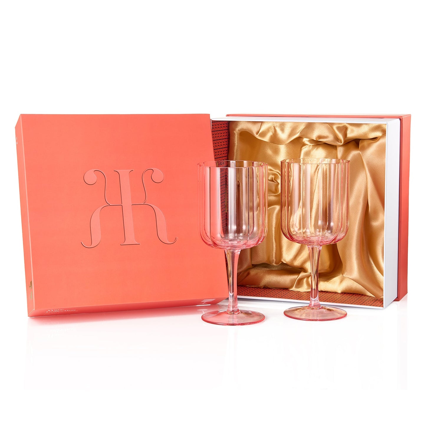 Set of Two Pink Flower Wave Stemmed Wine Glasses