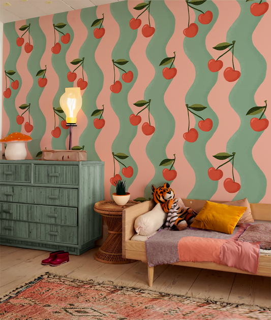 Wavy Cherry Wallpaper, pink and teal - Tampa Home & Garden Store
