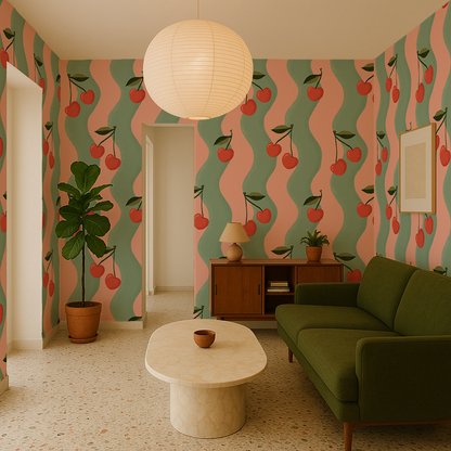 Wavy Cherry Wallpaper, pink and teal - Tampa Home & Garden Store