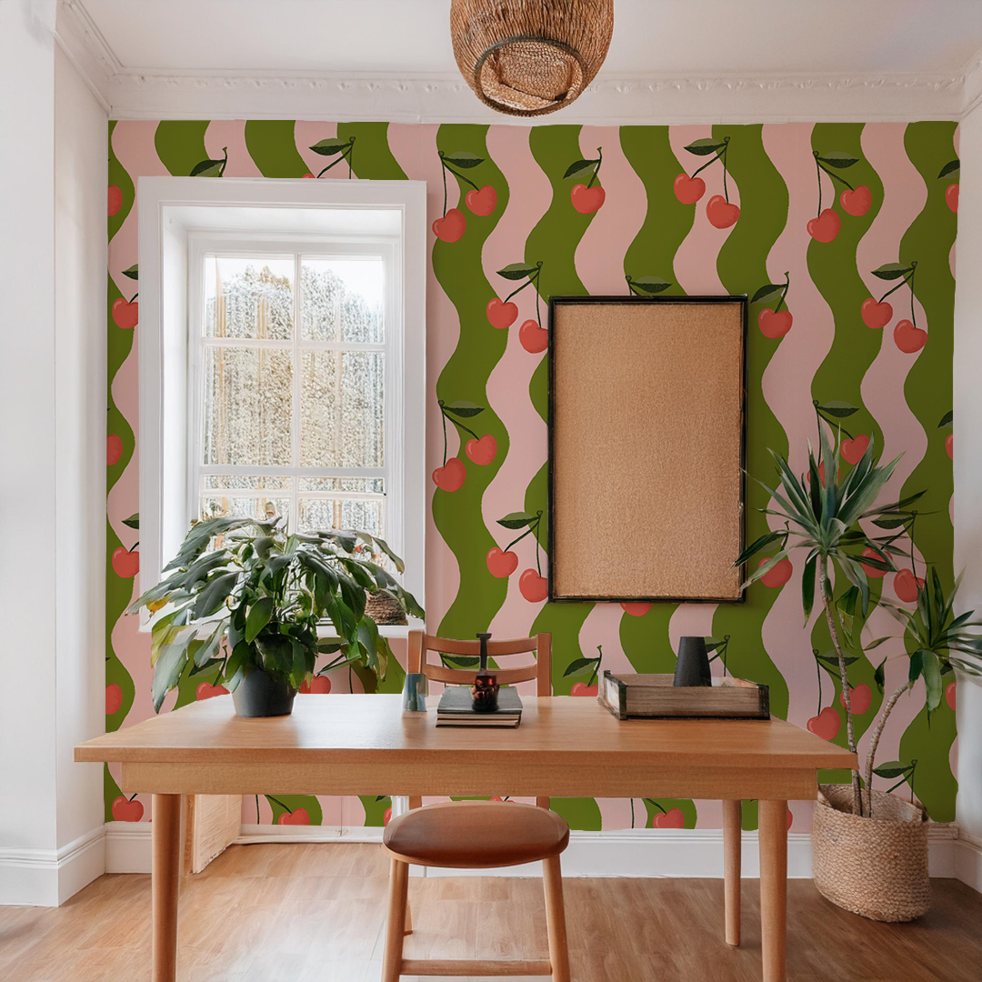 Wavy Cherry Wallpaper, pink & green - Tampa Home & Garden Store