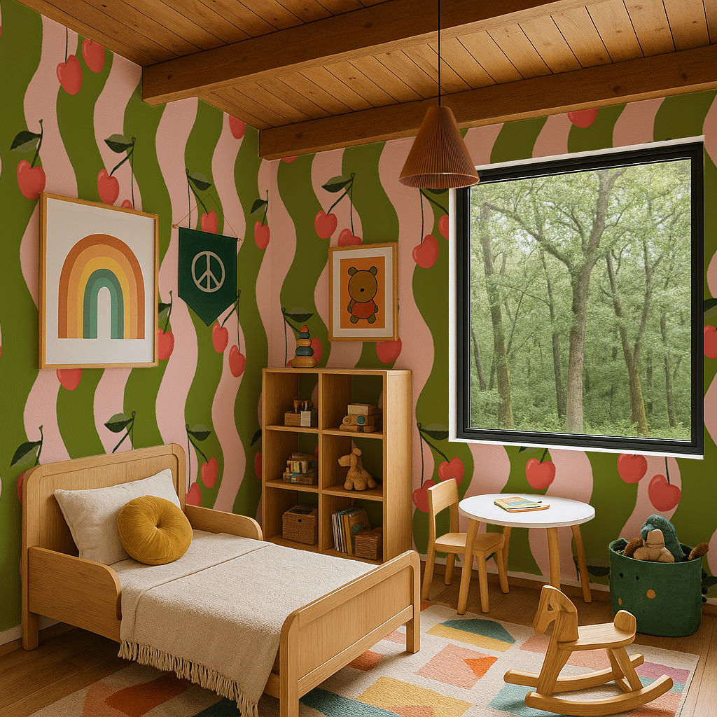 Wavy Cherry Wallpaper, pink & green - Tampa Home & Garden Store
