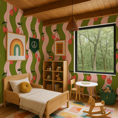 Wavy Cherry Wallpaper, pink & green - Tampa Home & Garden Store
