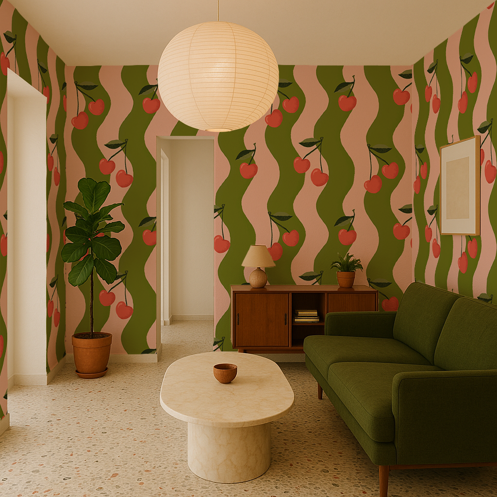 Wavy Cherry Wallpaper, pink & green - Tampa Home & Garden Store
