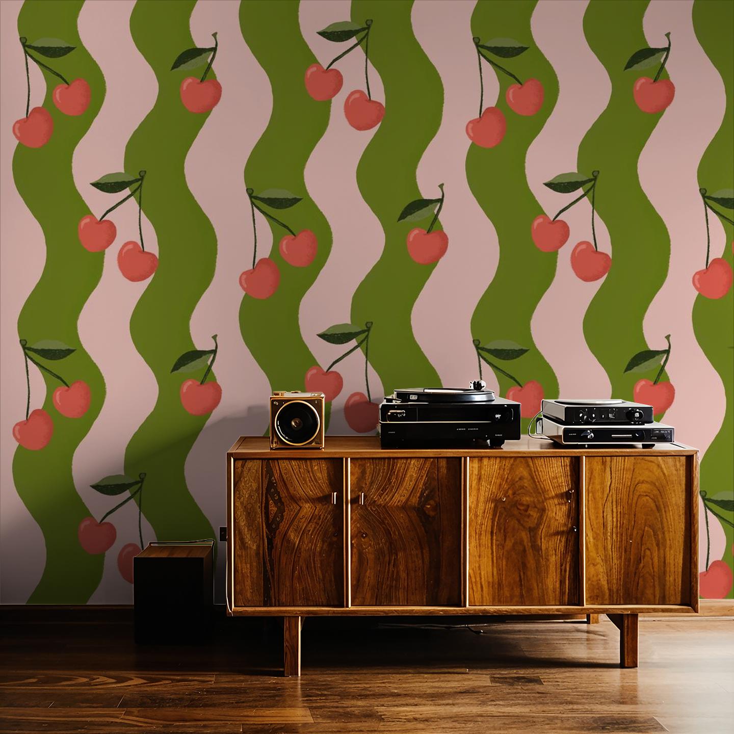 Wavy Cherry Wallpaper, pink & green - Tampa Home & Garden Store
