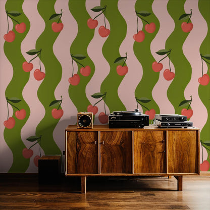 Wavy Cherry Wallpaper, pink & green - Tampa Home & Garden Store