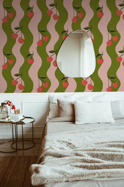 Wavy Cherry Wallpaper, pink & green - Tampa Home & Garden Store