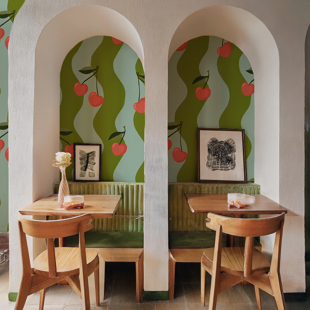 Wavy Cherry Wallpaper, teal and green - Tampa Home & Garden Store