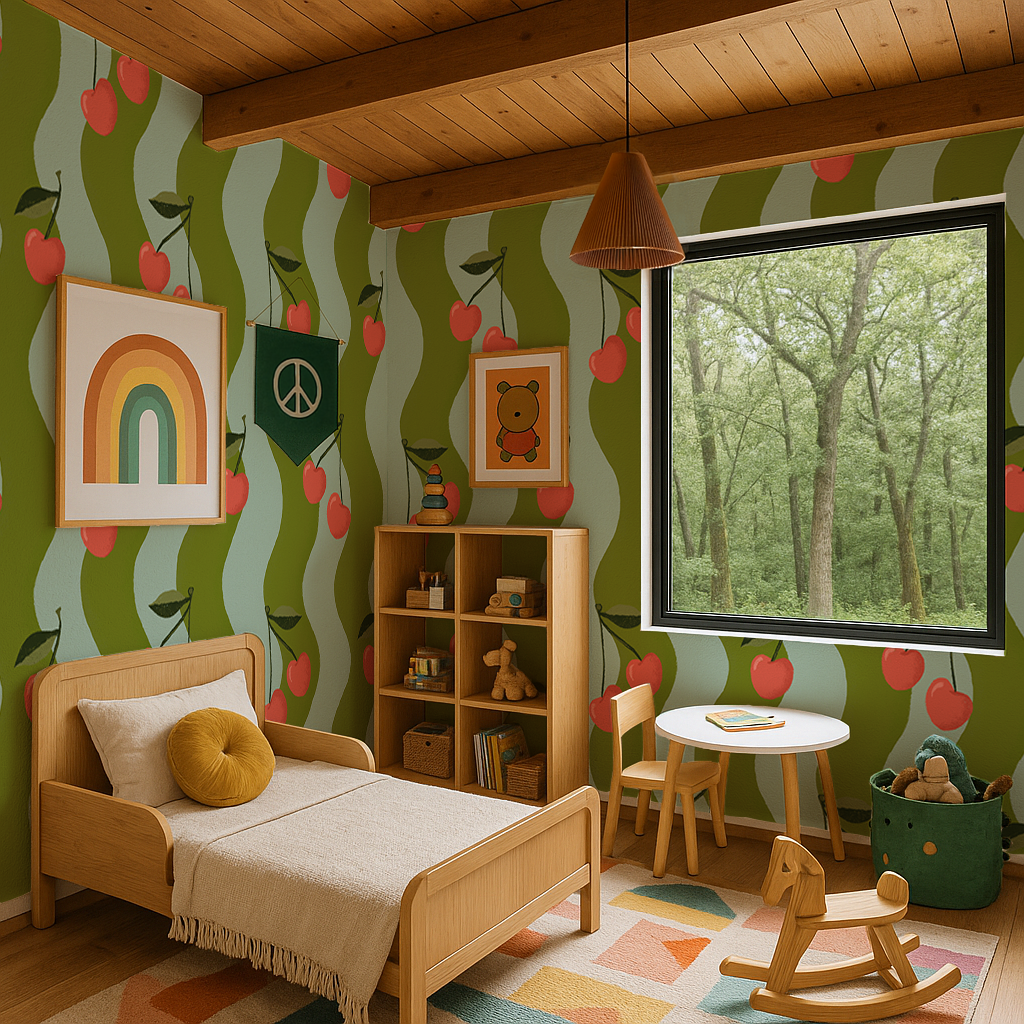 Wavy Cherry Wallpaper, teal and green - Tampa Home & Garden Store