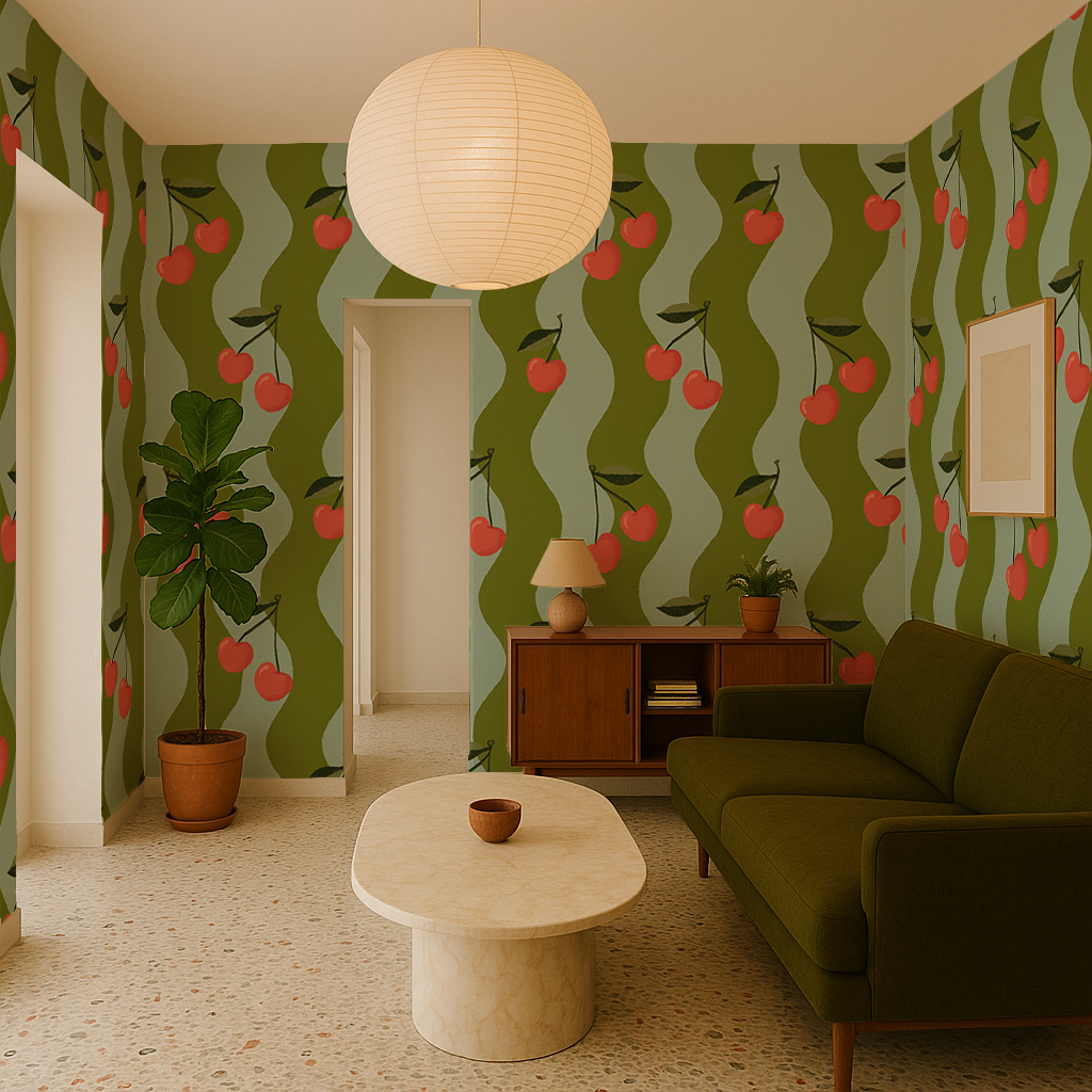 Wavy Cherry Wallpaper, teal and green - Tampa Home & Garden Store