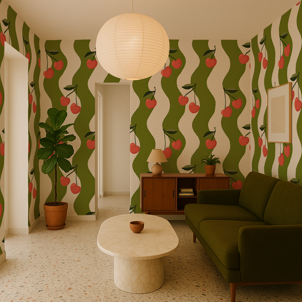Wavy Cherry Wallpaper, white and green - Tampa Home & Garden Store