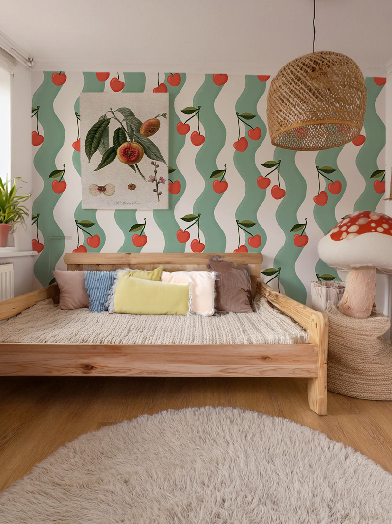 Wavy Cherry Wallpaper, white and teal - Tampa Home & Garden Store