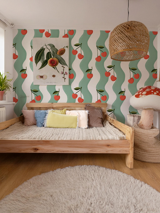 Wavy Cherry Wallpaper, white and teal - Tampa Home & Garden Store