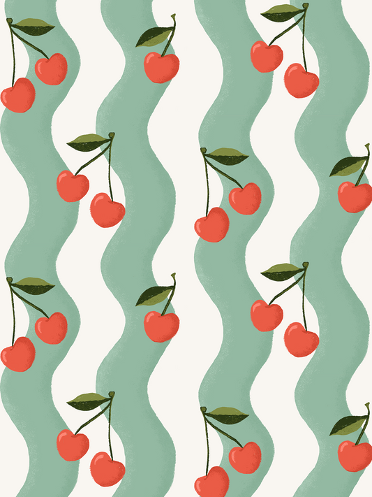 Wavy Cherry Wallpaper, white and teal - Tampa Home & Garden Store
