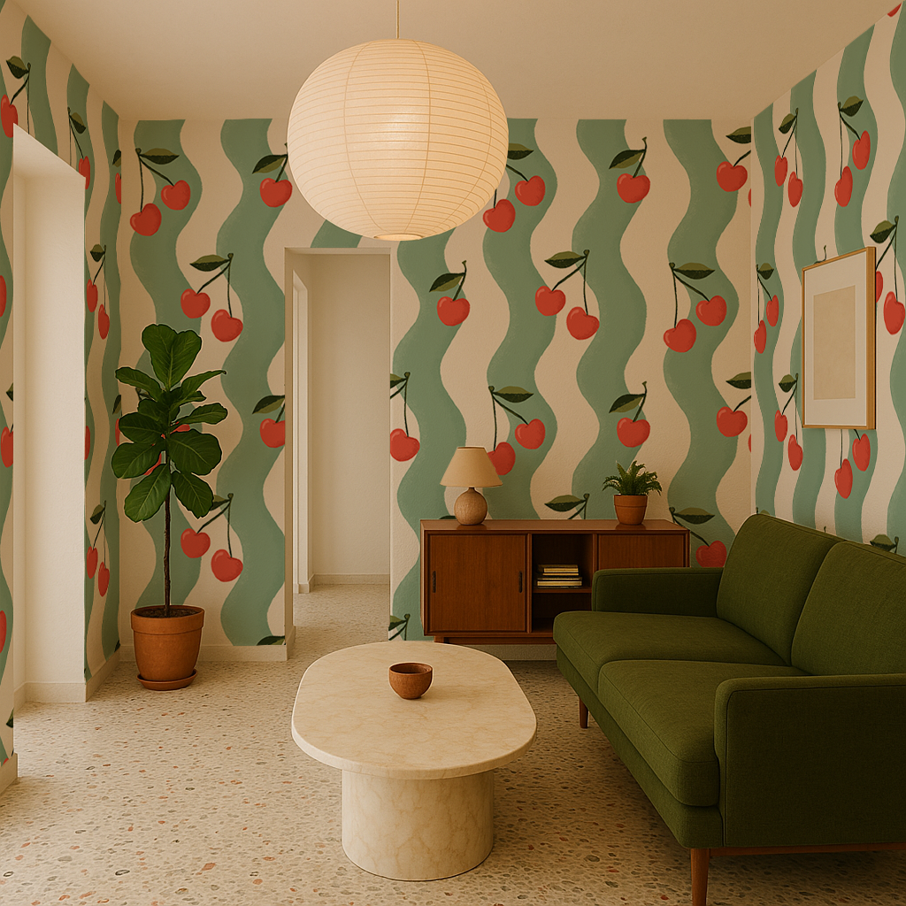 Wavy Cherry Wallpaper, white and teal - Tampa Home & Garden Store