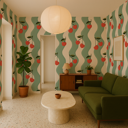 Wavy Cherry Wallpaper, white and teal - Tampa Home & Garden Store