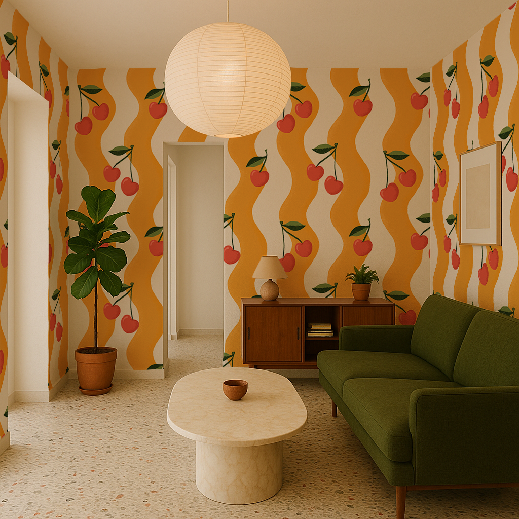 Wavy Cherry Wallpaper, white and yellow - Tampa Home & Garden Store