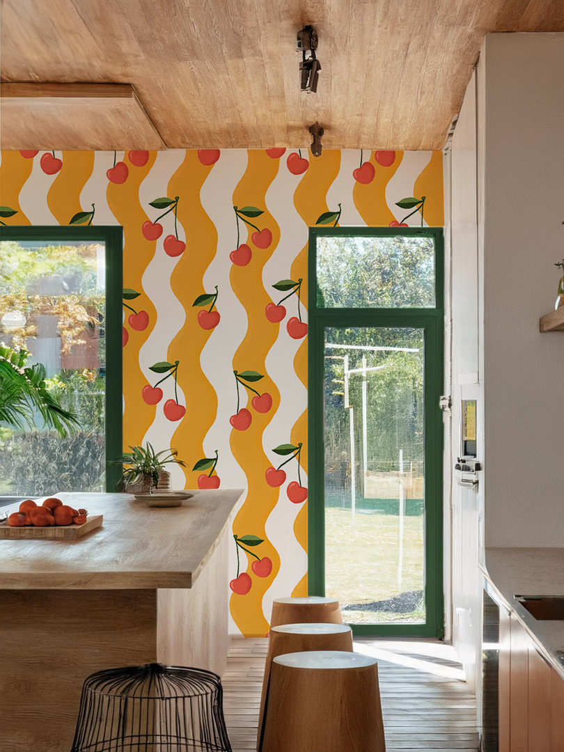Wavy Cherry Wallpaper, white and yellow - Tampa Home & Garden Store
