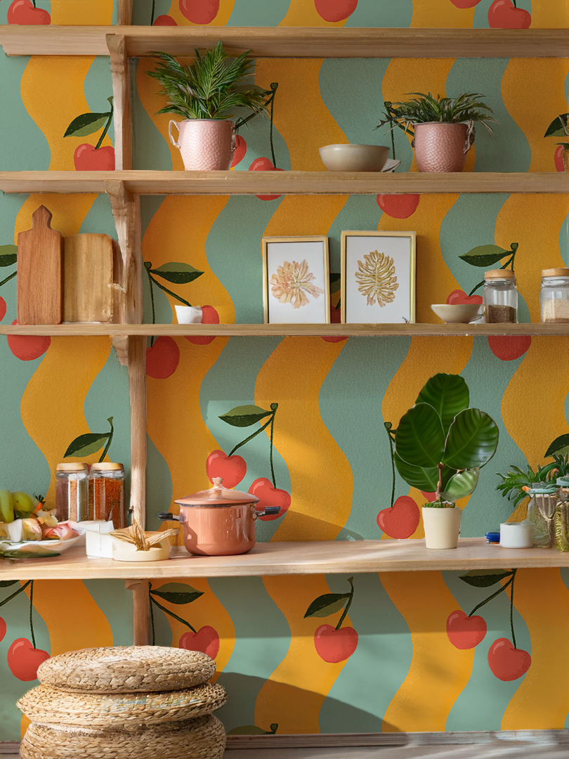 Wavy Cherry Wallpaper, yellow and teal - Tampa Home & Garden Store