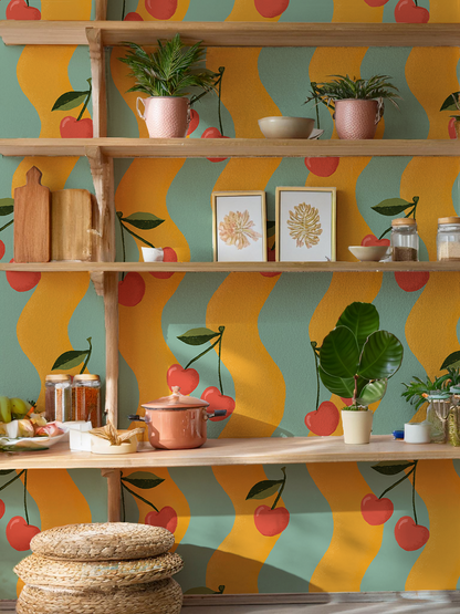 Wavy Cherry Wallpaper, yellow and teal - Tampa Home & Garden Store