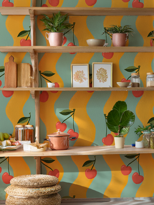 Wavy Cherry Wallpaper, yellow and teal - Tampa Home & Garden Store