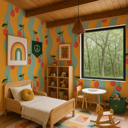 Wavy Cherry Wallpaper, yellow and teal - Tampa Home & Garden Store